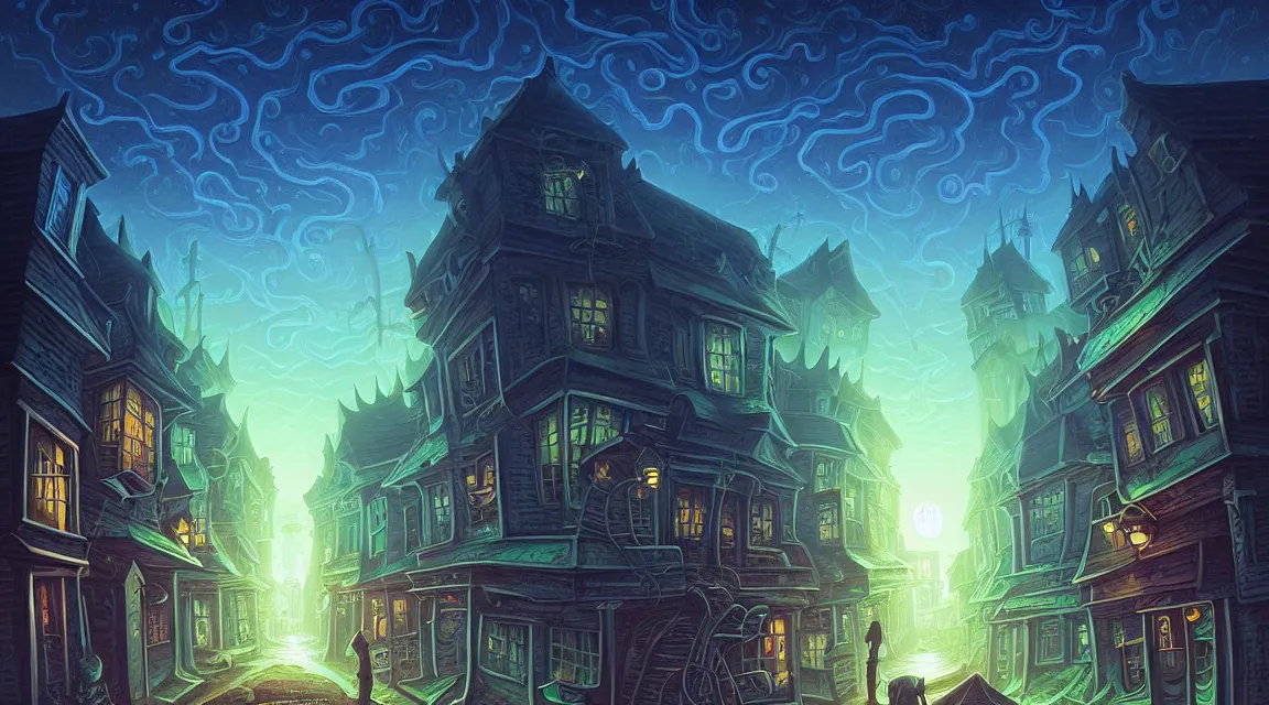 Image similar to cthulhu visits a lovecraftian town. lovecraft. cthulhu. lovecraftian city at night by cyril rolando and naomi okubo and dan mumford and ricardo bofill. lovecraftian cthulhu. cobbled streets. lovecraftian landscape. swirly night sky.