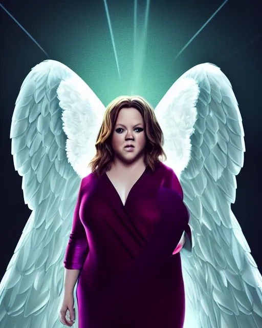 Image similar to Fullbody potrait of Melissa McCarthy as an angel, hyper realistic, prismatic highlights, atmosphere, gorgeous, depth of field, cinematic, macro, concept art, 50mm, artstation, wlop, elegant, epic, weta digital, focus, octane render, v-ray, 8k, kodak portra, art by Liberatore