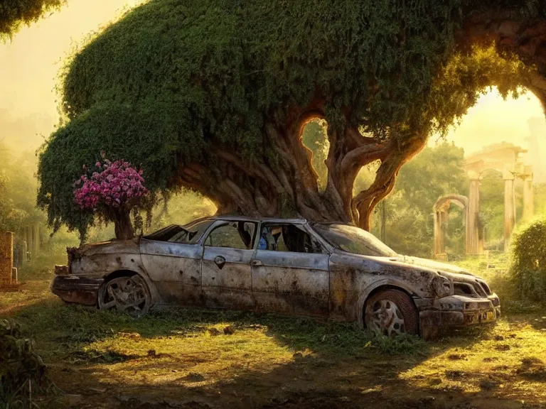 Prompt: a tree growing on a scrap car in ancient greek ruins, many overgrown scrap cars, overgrown pillars and arches, vines, flowers, hyperrealistic, highly detailed, cinematic, ray of golden sunlight, beautiful, cgsociety, artstation, 8 k, oil painting by greg rutkowski, by artgerm, by wlop