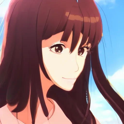 Prompt: High quality portrait of Ariane Grande. Art by Makoto Shinkai, Crunchyroll, pixiv, danbooru, HD, headshot, cinematic still, detailed anime face, bokeh, digital art, cel shading, vivid colors, ambient lighting