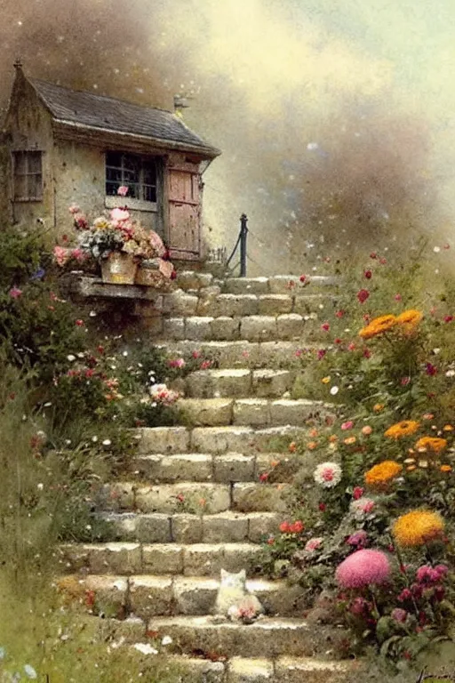 Image similar to ( ( ( ( ( 1 9 5 0 s retro future cottage stone steps and flowers. muted colors. childrens layout, ) ) ) ) ) by jean - baptiste monge,!!!!!!!!!!!!!!!!!!!!!!!!!