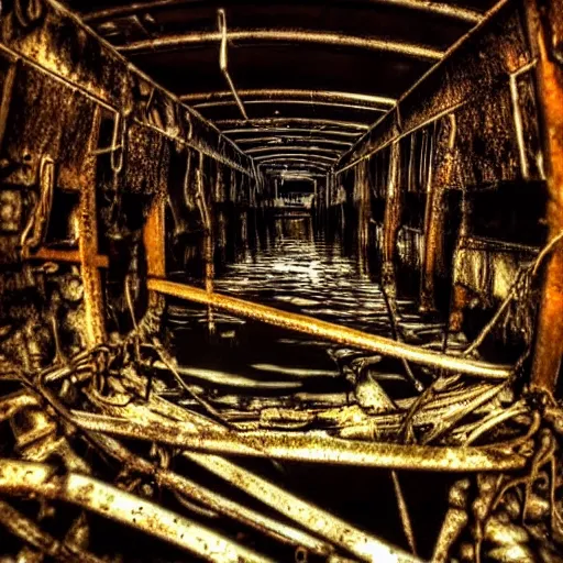 Prompt: the interior of a flooded rusty shipwreck, dark, scary lighting, scary, creepy, eerie, horror, submechanophobia, murky water, photo,