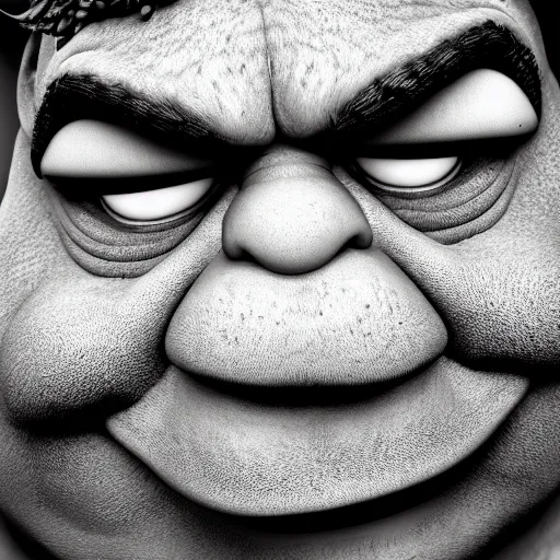 Image similar to black and white photographic portrait of shrek, harsh lighting, 8k, high definition, detailed, 4k, artistic