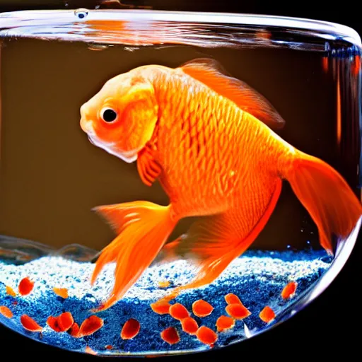 Prompt: stock photo of goldfish jumping to freedom out if fish bowl to another aquarium with clear water against blue background