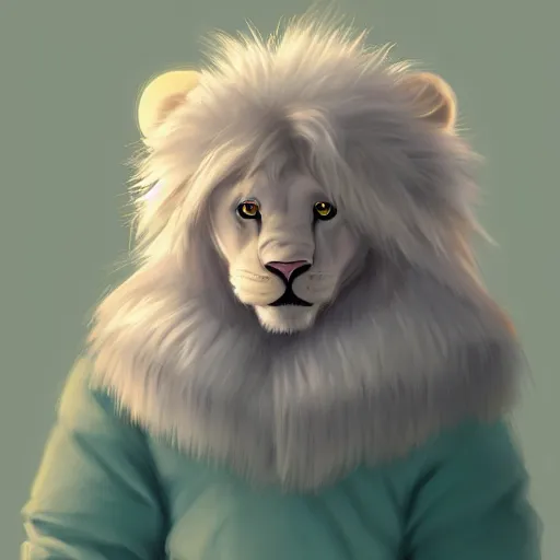 Prompt: aesthetic portrait commission of a albino male furry anthro lion wearing a cute mint colored cozy soft pastel winter outfit, winter atmosphere. character design by chunie