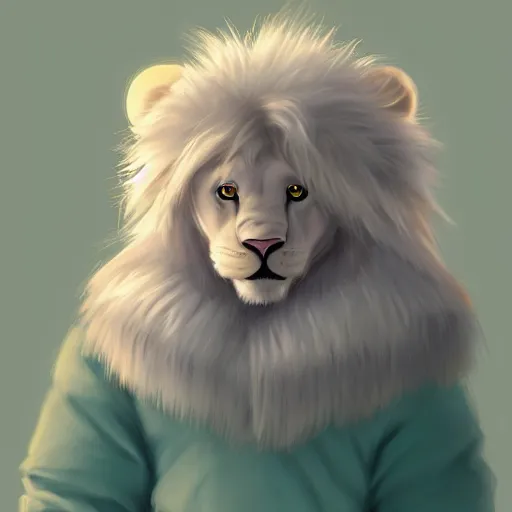 Image similar to aesthetic portrait commission of a albino male furry anthro lion wearing a cute mint colored cozy soft pastel winter outfit, winter atmosphere. character design by chunie