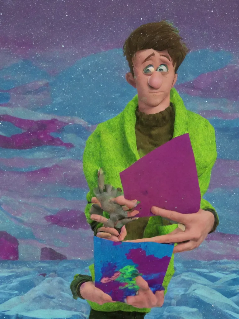 Image similar to a portrait of a young english man holding a colorful blotter paper of lsd acid and dreaming psychedelic hallucinations in the vast icy landscape of antarctica, in claymation style, 8 k,