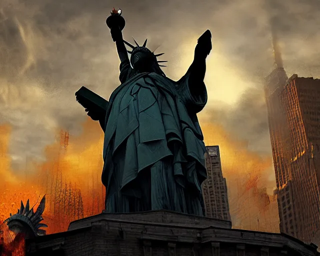 Image similar to Donald Trump destroying our democracy and the Statue of Liberty in Manhattan, post apocalyptic New York, craig mullins, dramatic lighting, very detailed