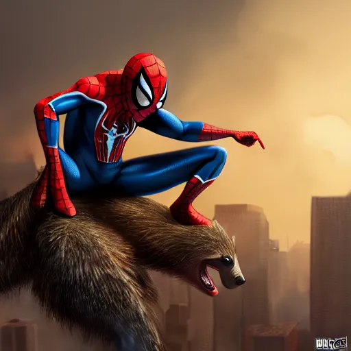 Image similar to spider - man sit on big raccoon, eating donuts, action scene, concept art, trending on artstation, highly detailed, intricate, sharp focus, digital art, 8 k