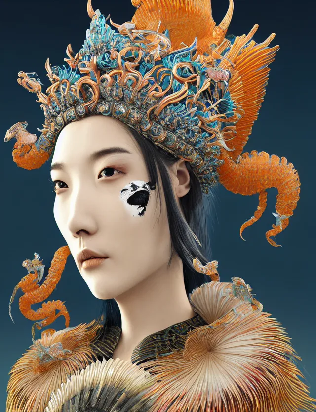 Image similar to 3 d goddess close - up profile portrait with crown, ram skull. beautiful intricately detailed japanese crow kitsune mask and clasical japanese kimono. betta fish, jellyfish phoenix, bio luminescent, plasma, ice, water, wind, creature, artwork by tooth wu and wlop and beeple and greg rutkowski