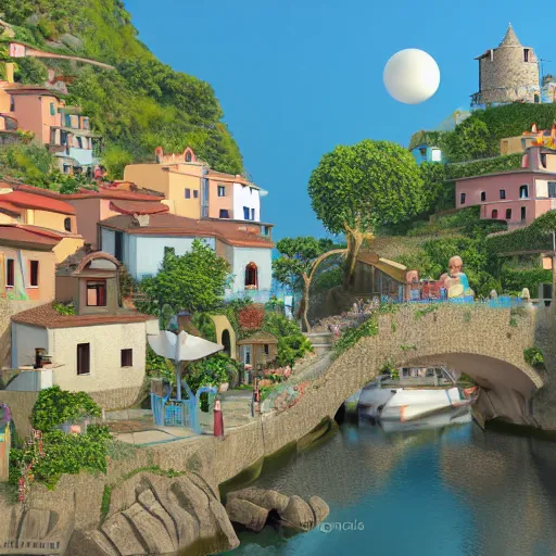 Image similar to pixar 3D render, by studio ghibli, (french bande dessinée), solarpunk, 1244, fantasy setting, mediterranean landscape, quaint old village, cinq terre, highly detailed, luminous, white rock, beautiful, style by moebius, concept art, unreal engine