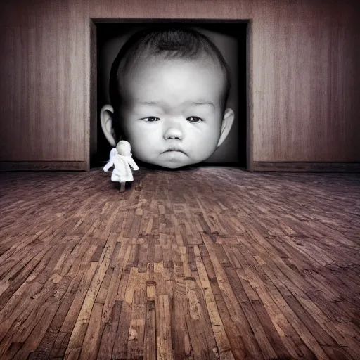 Image similar to a big head baby in floor inside a dark house, surrealism