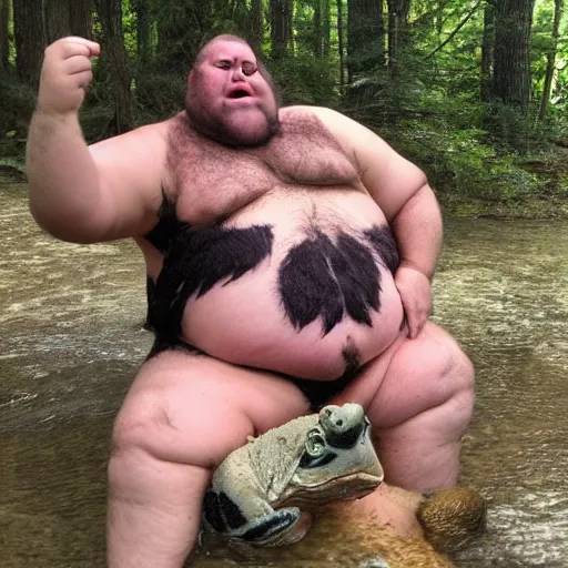 Image similar to a leaked photo of a screaming, hairy, fat man wearing a swimsuit holding the worlds largest toad