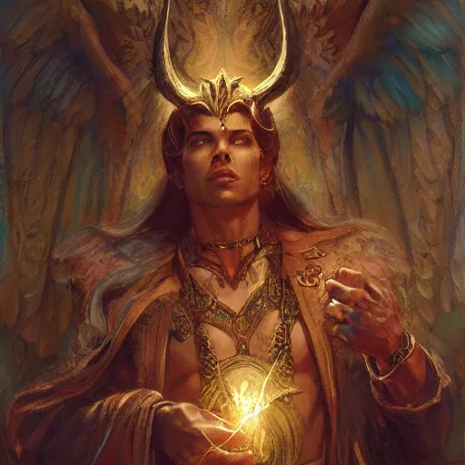 Image similar to attractive male deity casts light spell, summons attractive male lucifer morningstar. highly detailed painting by gaston bussiere, craig mullins, j. c. leyendecker 8 k