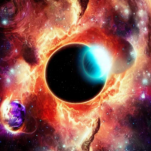 Prompt: earth and black hole in nebula, digital, artstation, detailed intricate ink illustration, heavenly atmosphere, digital art, overdetailed art, concept art, complementing colors, trending on artstation, cgstudio, the most beautiful image ever created, dramatic, subtle, details, award winning artwork, beautiful scenery