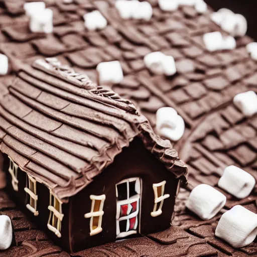 Prompt: house [ made of chocolate and marshmallows ], trending on unsplash, [ 4 k photorealism ], intricate