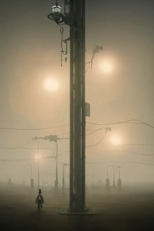 Prompt: a highly detailed matte painting of a soviet steampunk pylons in fog at night by studio ghibli, makoto shinkai, by artgerm, by wlop, by greg rutkowski, volumetric lighting, octane render, 4 k resolution, trending on artstation, masterpiece