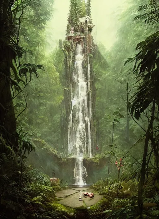 Image similar to a hyper realistic architectural witch shrine under a waterfall in the woods, gorgeous lighting, lush forest foliage, painting by chiara bautista and tom bagshaw, muca beksinski and norman rockwell and greg rutkowski weta studio, and lucasfilm