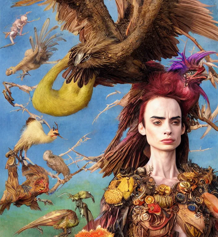 Image similar to a portrait photograph of a meditating fierce krysten ritter as a colorful harpy bird super hero with mutated sclaed skin. she has many skin grafts and cyborg body modifications. by donato giancola, hans holbein, walton ford, gaston bussiere, peter mohrbacher and brian froud. 8 k, cgsociety