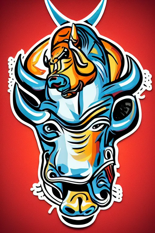 Image similar to A portrait of a bull on a motorcycle, sticker, highly detailed, colorful, illustration, smooth and clean vector curves, no jagged lines, vector art, smooth