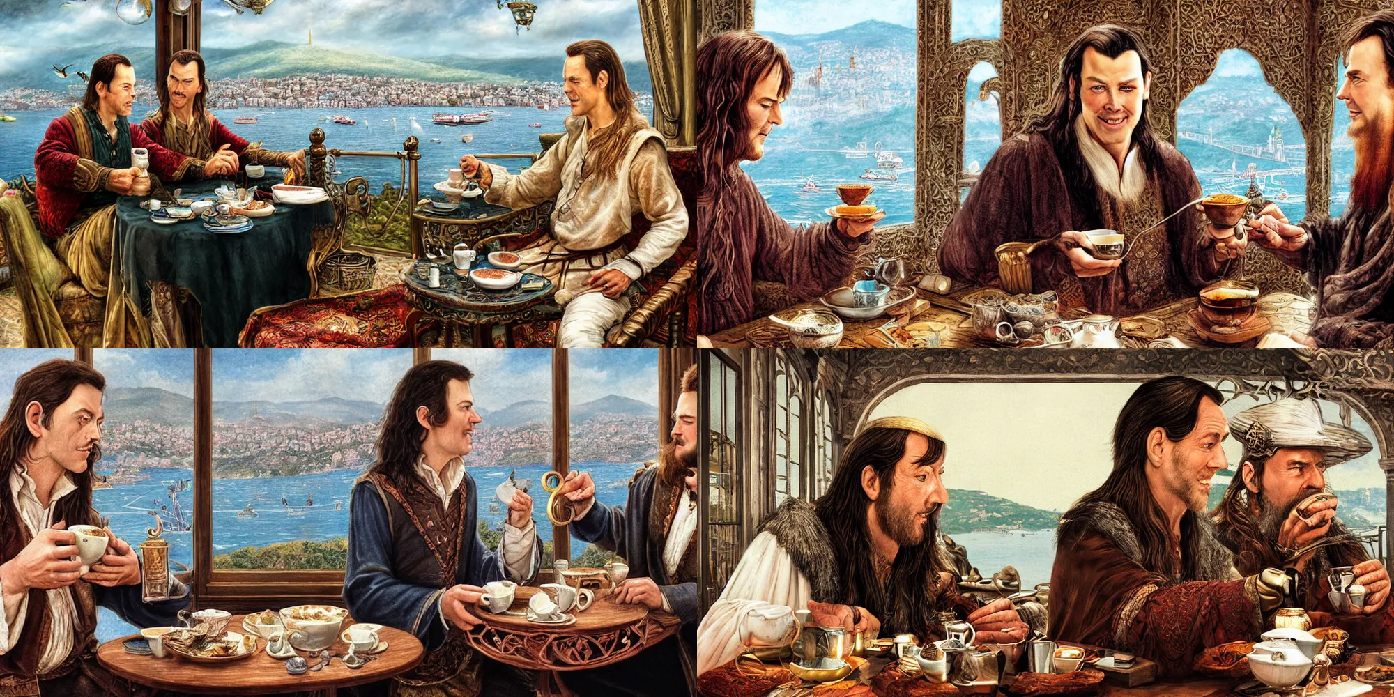 Prompt: close up digital illustration of elrond and tom bombadil having a cup of turkish coffee in a coffee house overlooking stunning view of the bosphorus strait in istanbul, cinecolor, specular reflections, detailed faces, hypermaximalist, elegant, ornate, fantasy art, by alan lee, by tolkien, by dan hennah, by peter jackson