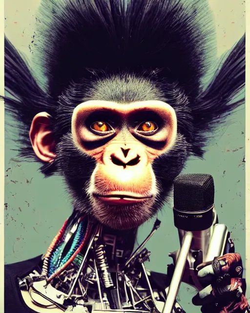 Prompt: a portrait of an anthropomorphic cyberpunk rockstar chimp singing into a microphone on a stand by sandra chevrier, by jon foster, detailed render, tape deck, epic composition, cybernetics, 4 k realistic, cryengine, realistic shaded lighting, sharp focus, masterpiece, by enki bilal