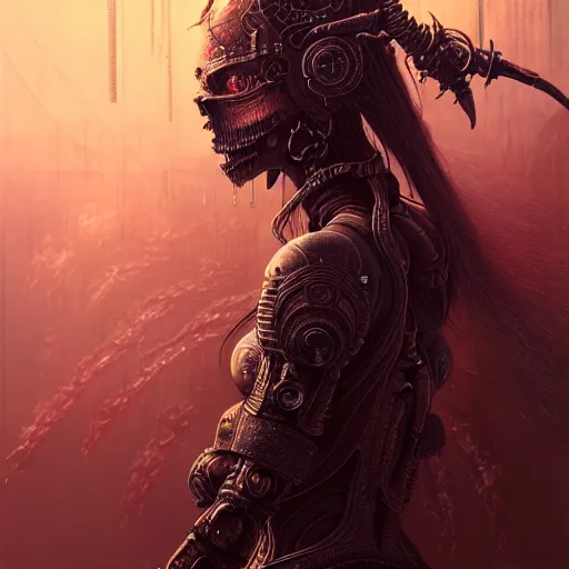 Image similar to a highly detailed long shot photo of chthonic cyberpunk! warcraft female character by ayami kojima, beksinski, giger, intricate, digital painting, artstation, intricate, concept art, smooth, sharp focus, illustration