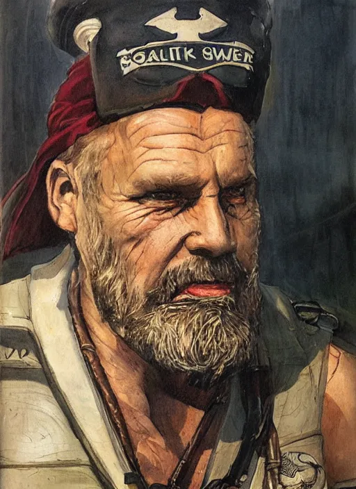 Image similar to portrait of grizzled sailor on ship deck, coherent! by brom, deep color, strong line, high contrast