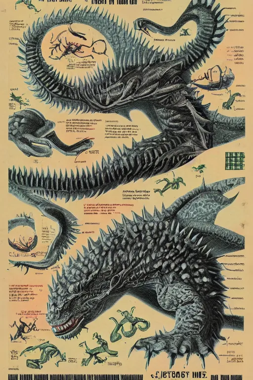 Prompt: biology textbook page, kaiju, 1950s, vintage, anatomy