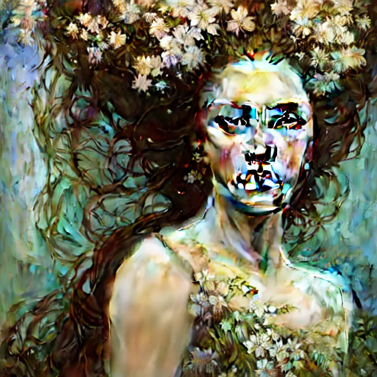 Image similar to hyperrealist realistic wonderful face portrait of a queen, it is decorated with white flowers on the head that fall like vines and wears a huge computer crown. by jeremy mann and alphonse mucha, fantasy art, photo realistic, dynamic lighting, artstation, poster, volumetric lighting, very detailed faces, 4 k, award winning