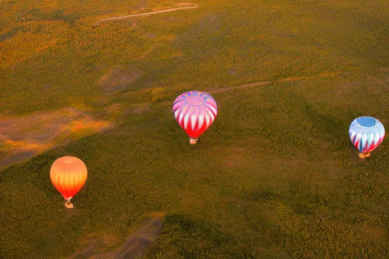 Prompt: aerial photography, lapland, hot air balloons, dusk