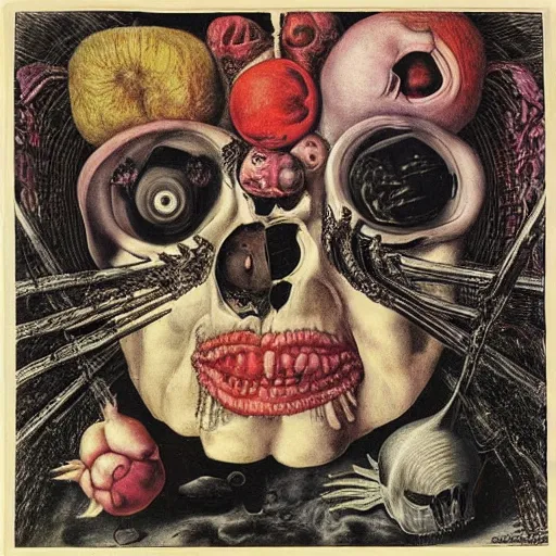 Image similar to post - punk new age album cover, magic, apocalypse, psychedelic, black white pink, magic, giger h. r., giuseppe arcimboldo