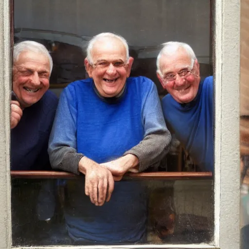 Prompt: several smiling old men seen through a small window