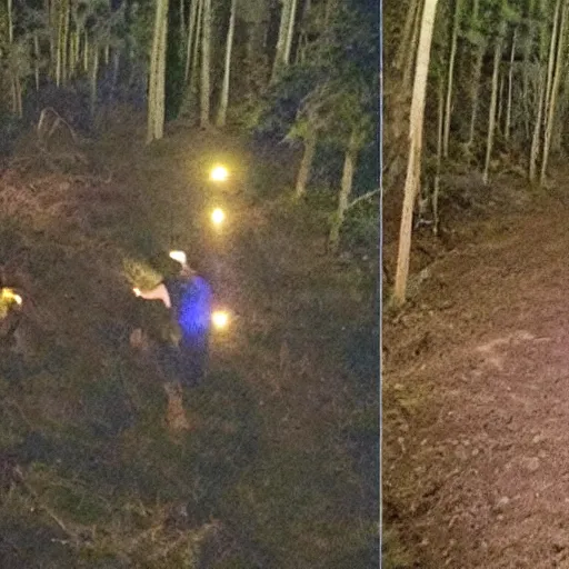 Prompt: stills from night camera footage of missing hikers