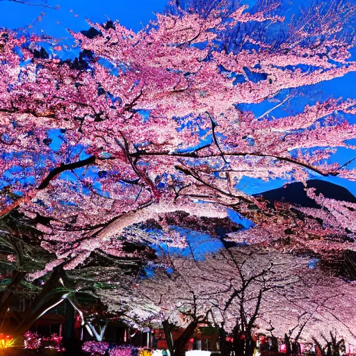 Image similar to sakura is in bloom. night. the radiance of the earth.