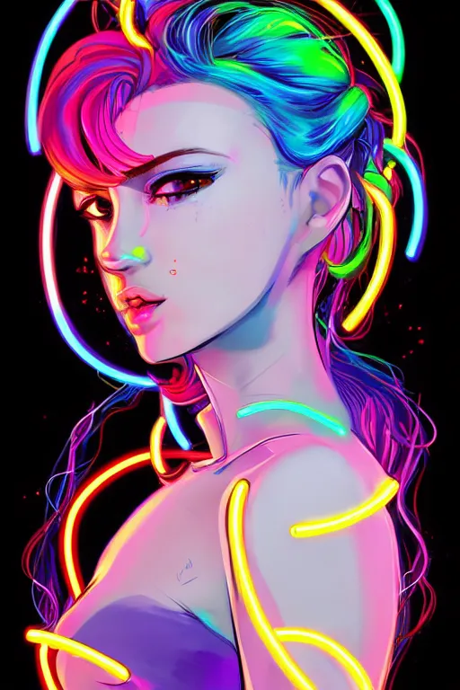 Image similar to a award winning portrait of a beautiful woman with stunning eyes in a one off shoulder crop top and cargo pants with rainbow colored hair, outlined by whirling illuminated neon lines and fine lines swirling in circles by greg tocchini, digital art, trending on artstation