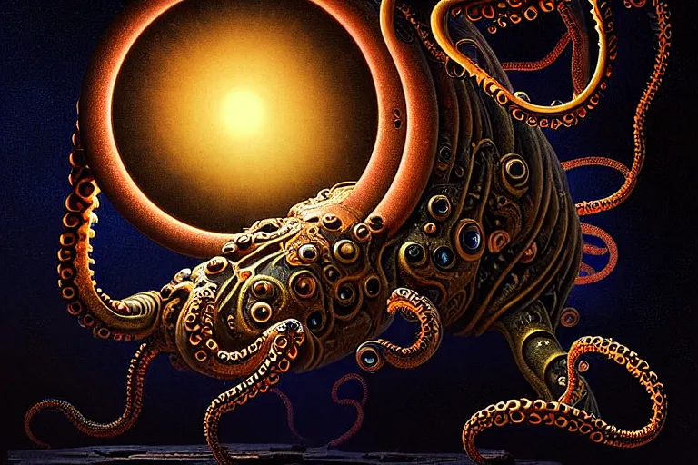 Prompt: a detailed digital art of an alien creature with multiple eyes and tentacles emerges from a glowing orb in the center of a dark, foreign landscape,by Albert Bierstadt, Yohann Schepacz and Laurel Burch,style of grim dark, Kai Fine Art, chiaroscuro, dark academia, copper patina,detailed, ornate, maximalist, 8k, cinematic, compositing, post processing, award winning art,artstationHQ,artstationHD