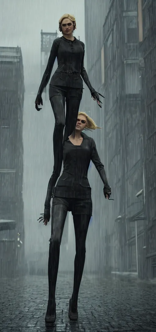 Image similar to beautiful model annie leonhart running on high heels with open toe in dunwall city, beautiful face, detailed face, cinematic lighting, rainy weather, melancholy atmosphere, volumetric light, octane render, dishonored 1, gothic architecture, realistic reflections, octane render 8 k, model agency