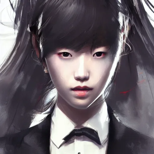 Image similar to portrait of a beautiful korean girl wearing a men's tuxedo, with bangs, very long hair and bangs, angular features, angry expression, dramatic lighting, illustration by Greg rutkowski, yoji shinkawa, 4k, digital art, concept art, trending on artstation