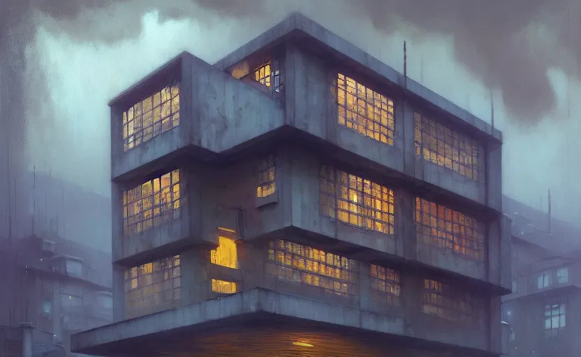 Image similar to painting of a wide angle exterior shot of a brutalist architecture house with rainy and moody cinematic lighting by darek zabrocki and greg ruthkowski, alphonse mucha, simon stalenhag and cinematic and blue cold atmospheric, archillect concept art, artstation, trending on artstation