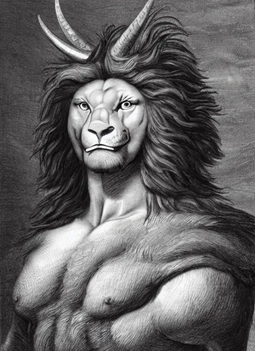 Image similar to a mighty strong creature with the body and eyes of a man, with the beak of an eagle, the mane of a lion, and the horns of an ox. drawn by da vinci