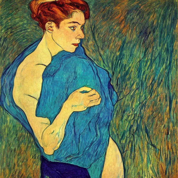 Image similar to portrait of a woman with wild exoticiris. indigo blue, turquoise. henri de toulouse - lautrec, egon schiele, gauguin, kathe kollwitz