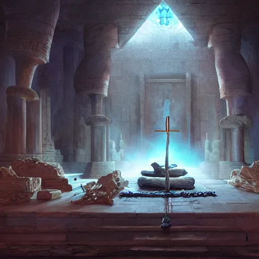 Image similar to fantasy movie scene greg rutkowski digital painting of an ornate and royal egyptian antechamber tomb with a old twisted wooden staff weapon with a blue crystal at it's tip laying on a stone altar, unreal engine, hyper realism, realistic shading, cinematic composition, blender render, octane render, hdr, detailed textures, photorealistic, 3 5 mm film