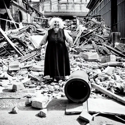 Image similar to realistic black and white old photo of a giant very old woman on destroyed city, full body, short dof, extremely cute, large head, hyper realistic, minutely detailed