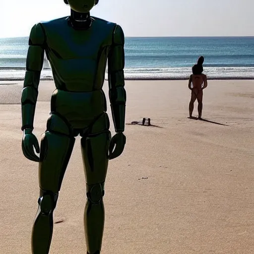 Image similar to “a realistic detailed photo of a guy who is an attractive humanoid who is half robot and half humanoid, who is a male android, Mike the Situation, shiny skin, posing like a statue, blank stare, at the beach, on display”