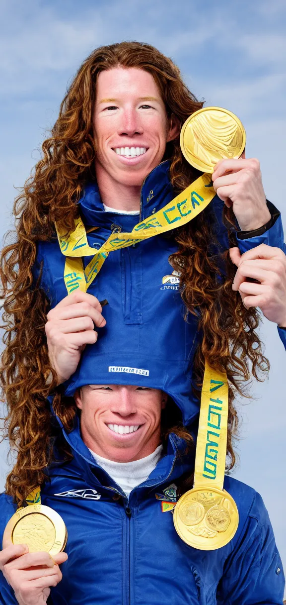 Image similar to high quality portrait of shaun white holding a gold medal with blue sky above him, rule of thirds, upper body shot, sharp focus, extremely detailed, studio photography