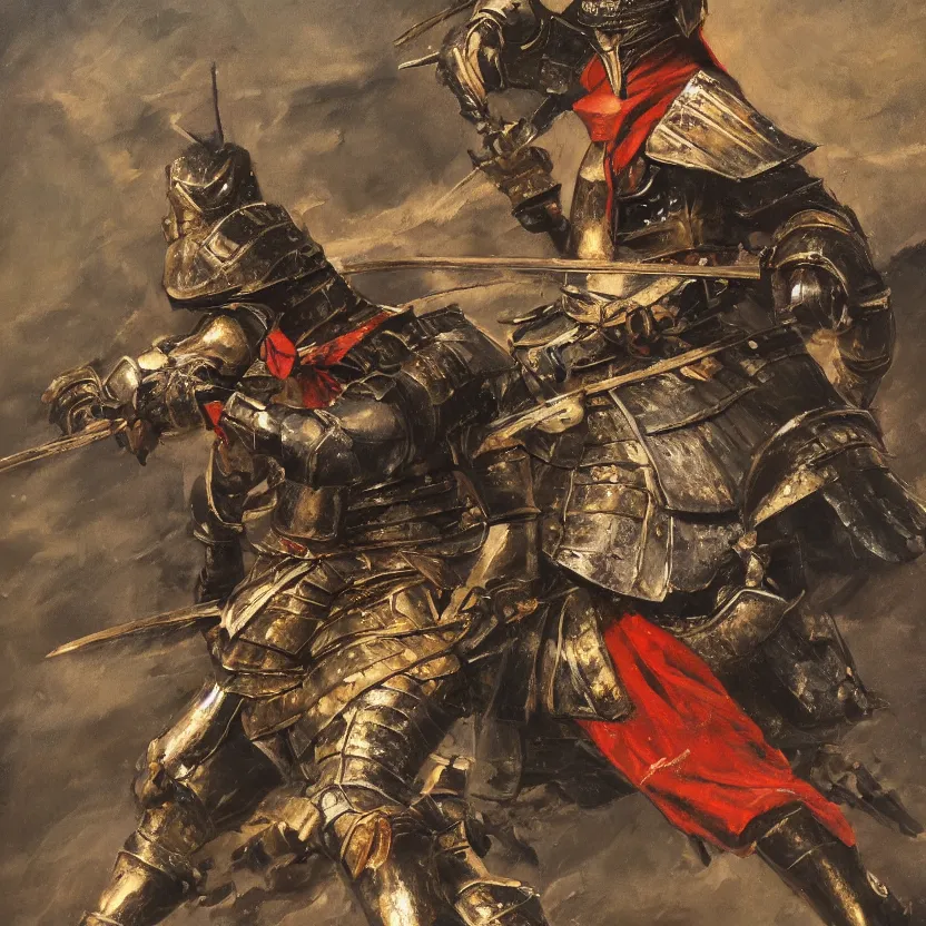 Prompt: a oil painting of an Knight/samurai in a battle ready pose detailed realistic High Resolution HD 8k in color