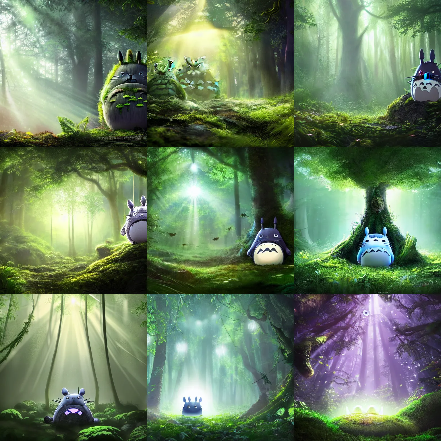 Prompt: A forest with a ray of light shining down onto the forest floor, soot sprouts floating, totoro hiding behind tree, magical, enchanting, beautiful, fantasy, digital art, high detail, excellent quality, 4K, OLED