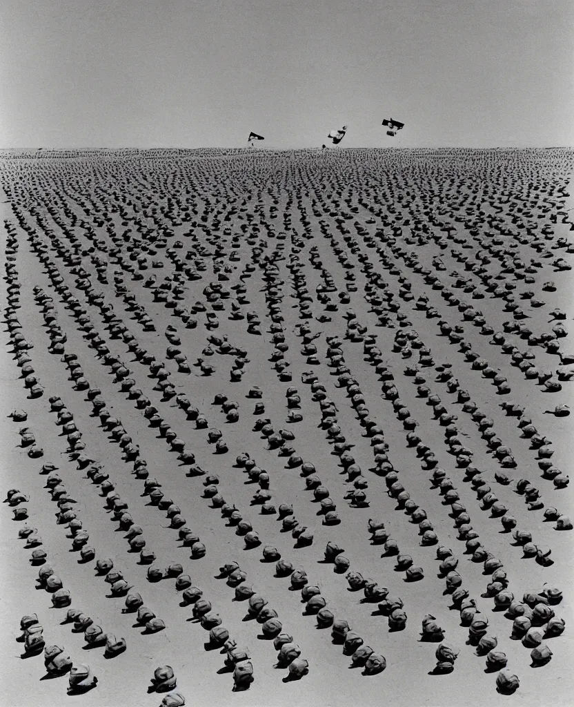Prompt: a beautiful painting of bombs and soldiers on desert in el alamein battle, wwii, black and white, painted by escher, disorder