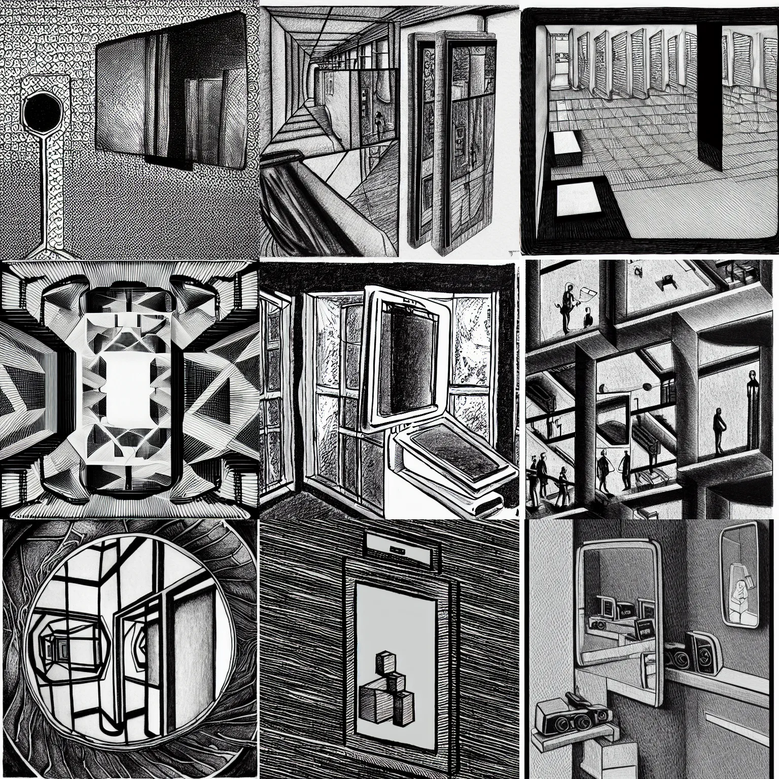 Prompt: a smart phone taking a picture of a mirror, infinite recursion, ink drawing, in the style of m. c. escher